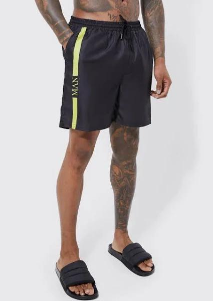 Mens Neon-Yellow Mid Length Man Line Swim Shorts