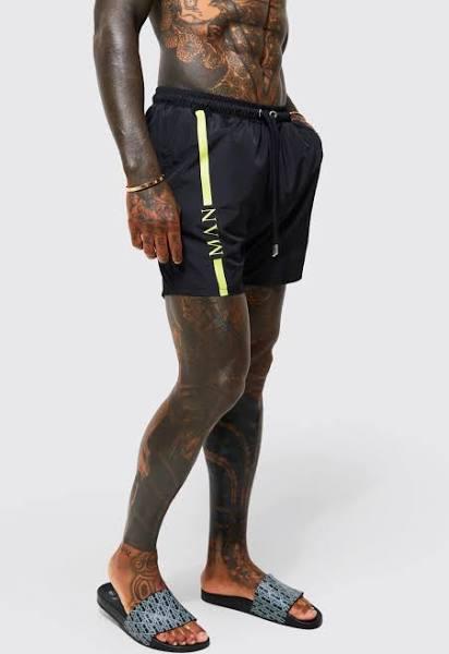 Mens Neon-Yellow Mid Length Man Line Swim Shorts