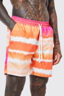 Mens Orange Mid Length Blurred Stripe Swim Shorts