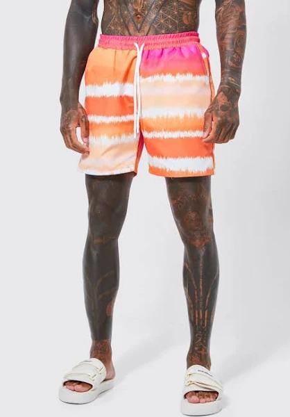 Mens Orange Mid Length Blurred Stripe Swim Shorts
