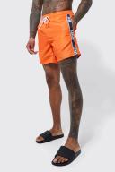 Mens Orange Mid Length Man Tape Swim Shorts