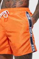 Mens Orange Mid Length Man Tape Swim Shorts
