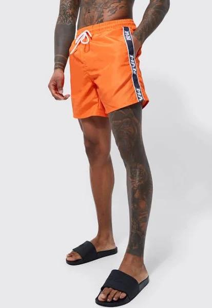 Mens Orange Mid Length Man Tape Swim Shorts