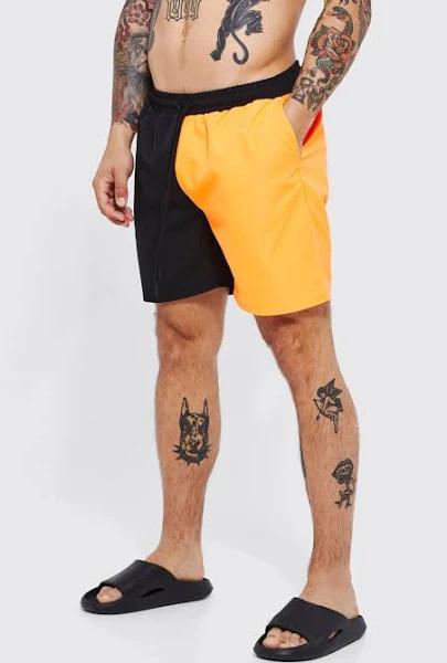 Mens Orange Mid Length Spliced Waistband Man Swim Shorts