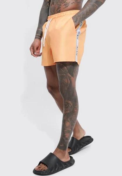 Mens Orange Short Length Man Tape Swim Shorts