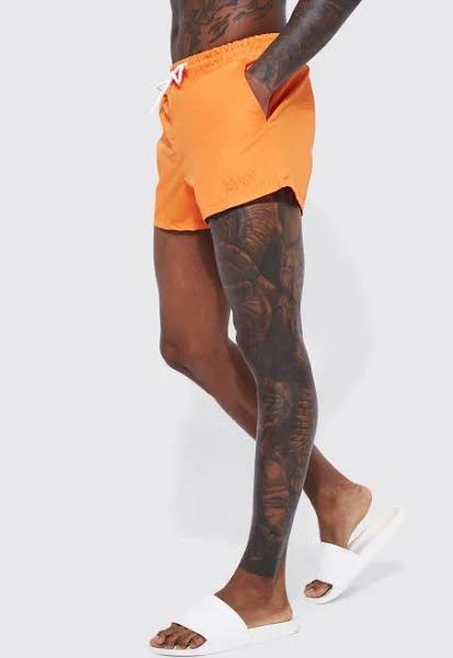 Mens Orange Short Length Plain Man Swim Shorts