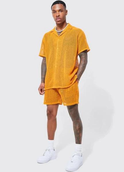 Mens Orange Short Sleeve Open Weave Shirt and Short Set
