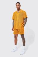 Mens Orange Short Sleeve Open Weave Shirt and Short Set
