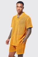 Mens Orange Short Sleeve Open Weave Shirt and Short Set