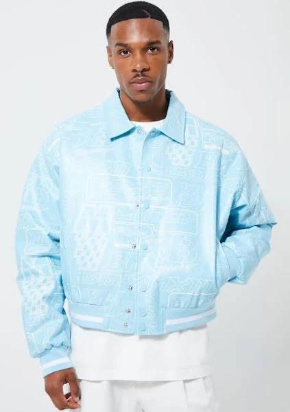 Mens Pale Blue Boxy Moto PU Collared Bomber