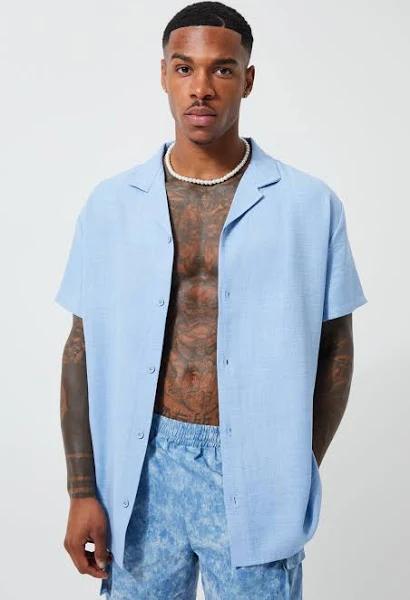 Mens Pale Blue Short Sleeve Oversized Linen Revere Shirt