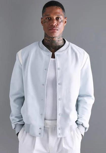 Mens Pale Blue Suedette Varsity Bomber