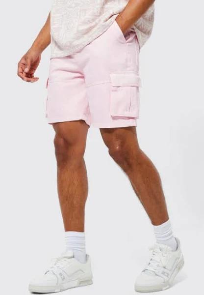 Mens Pale Pink Relaxed Overdyed Denim Cargo Shorts