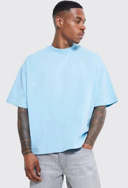 Mens Pastel Blue Oversized Extended Neck Boxy T-Shirt
