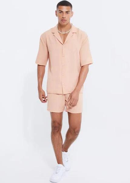 Mens Peach Short Sleeve Drop Revere Crinkle Shirt & Short Set