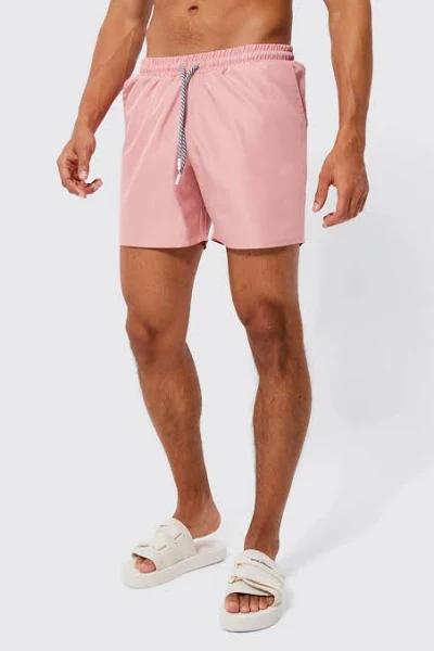 Mens Pink Mid Length Plain Drawcord Detail Swim Shorts