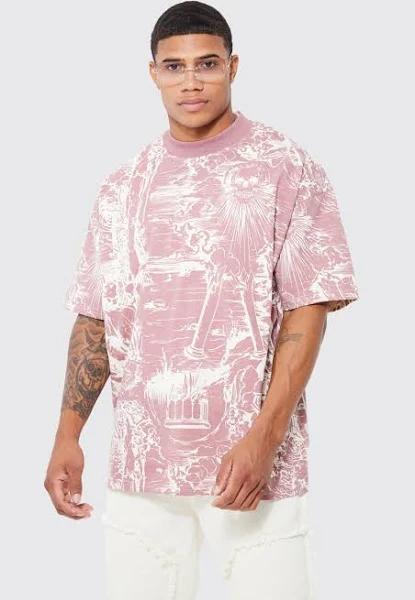 Mens Pink Oversized Contrast Neck Skeleton T-Shirt