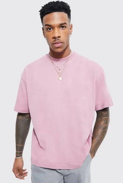 Mens Pink Oversized Extended Neck Boxy T-Shirt