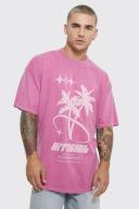 Mens Pink Oversized Extended Neck Overdyed Palm T-Shirt