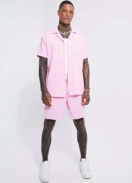 Mens Pink Pleated Oversized Shirt and Short Set