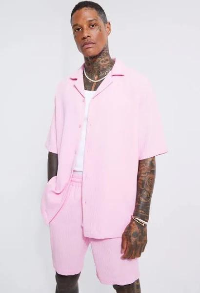 Mens Pink Pleated Short Sleeve Oversized Boxy Shirt