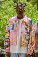 Mens Pink Scenic Print PU Collared Bomber