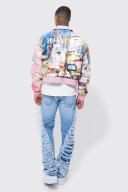 Mens Pink Scenic Print PU Collared Bomber