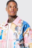 Mens Pink Scenic Print PU Collared Bomber