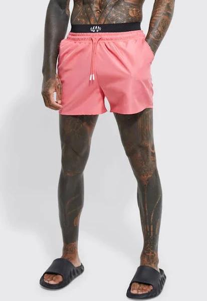 Mens Pink Short Length Man Waistband Swim Shorts