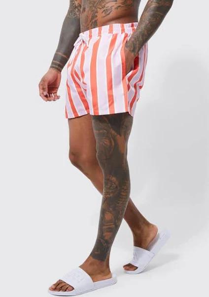 Mens Pink Short Length Striped Swim Shorts