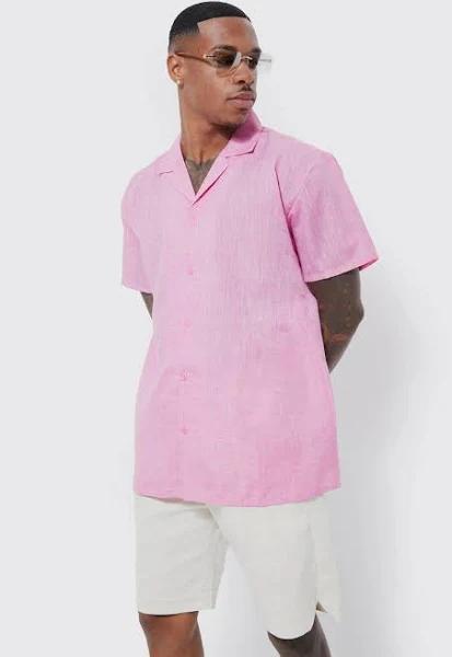 Mens Pink Short Sleeve Oversized Linen Look Shirt