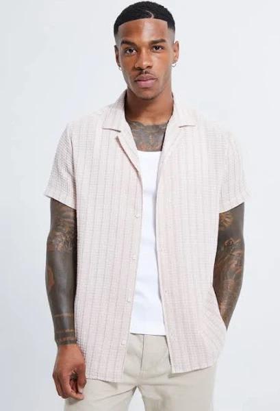 Mens Pink Short Sleeve Revere Textured Shirt