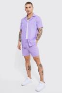 Mens Purple Cotton Slub Regular Short Sleeve Shirt and Short