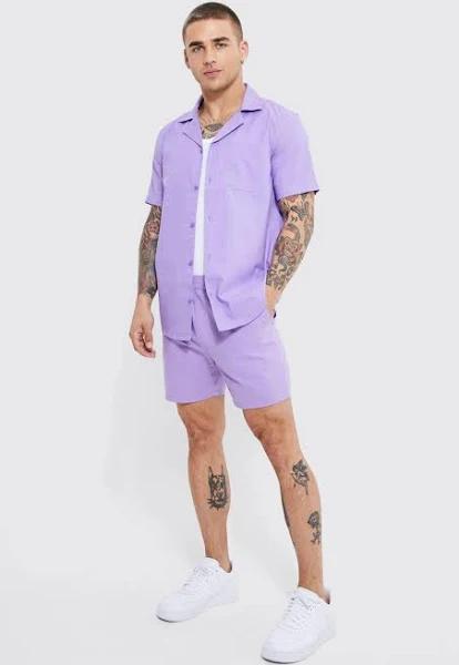Mens Purple Cotton Slub Regular Short Sleeve Shirt and Short