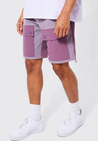 Mens Purple Elastic Relaxed Lightweight Stretch Colour Block Cargo