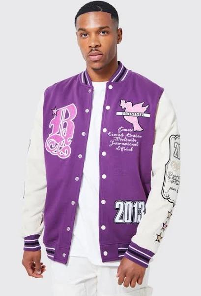 Mens Purple Gothic B Aplique Badge Jersey Bomber