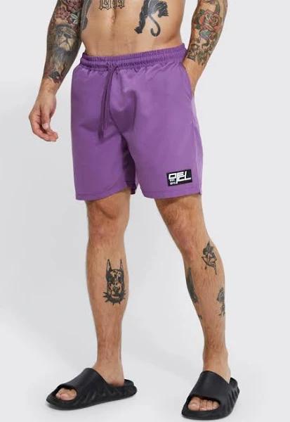 Mens Purple Mid Length Rubber Tab Swim Shorts