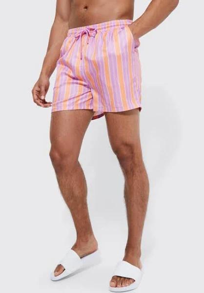 Mens Purple Short Length Stripe Swim Shorts