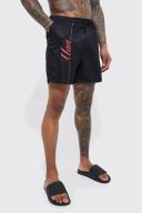 Mens Red Mid Length Man Line Swim Shorts
