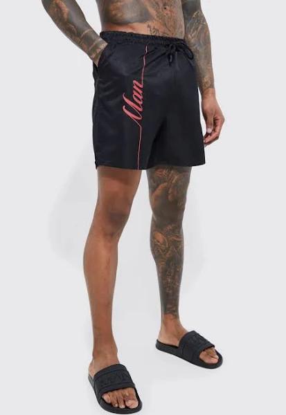 Mens Red Mid Length Man Line Swim Shorts