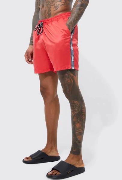 Mens Red Mid Length Man Tape Swim Shorts