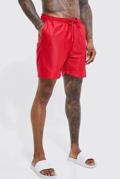 Mens Red Mid Length Plain Mesh Swim Shorts