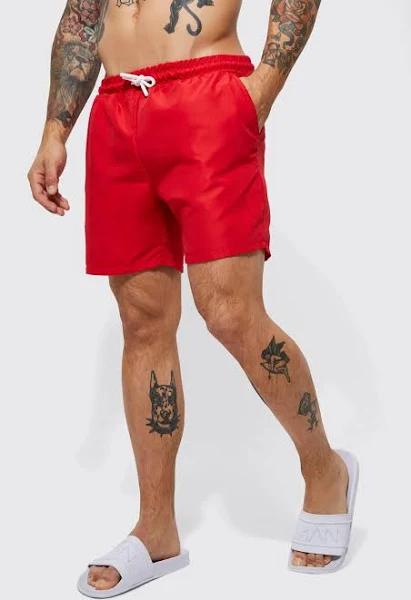 Mens Red Mid Length Plain Swim Shorts