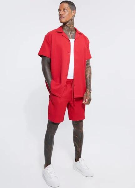 Mens Red Pleated Oversized Shirt and Short Set