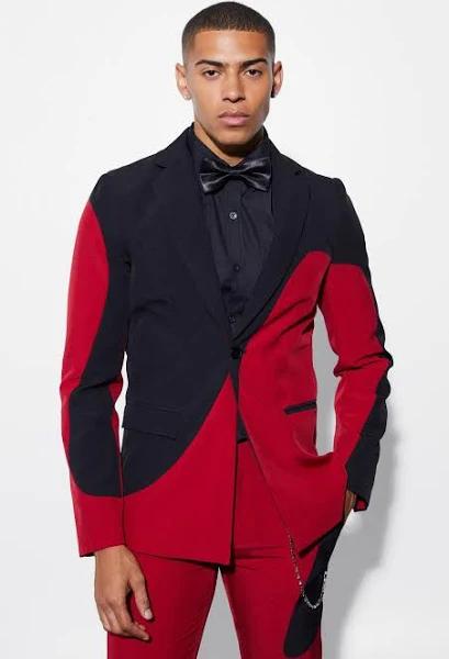 Mens Red Skinny Curved Spliced Suit Jacket