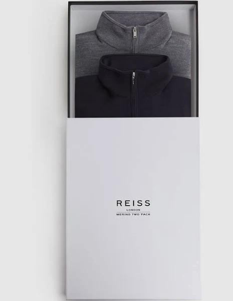 Mens Reiss Blackhall Two Pack of Merino Wool Zip Neck Jumpers - Black