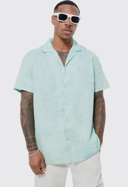 Mens Sage Short Sleeve Oversized Linen Look Shirt