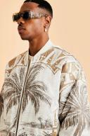 Mens Sand Boxy Satin Printed Bomber