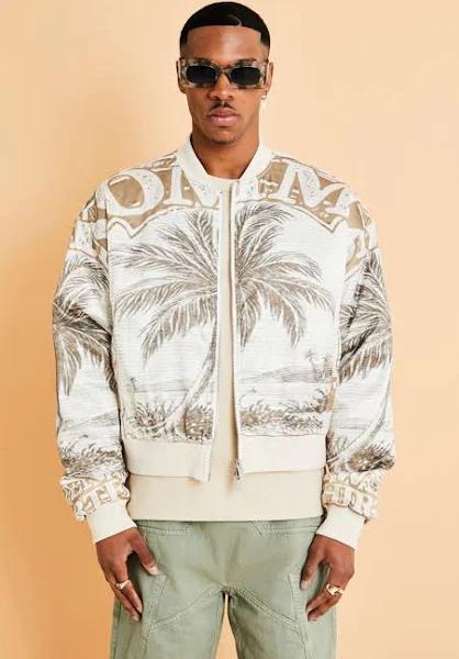 Mens Sand Boxy Satin Printed Bomber
