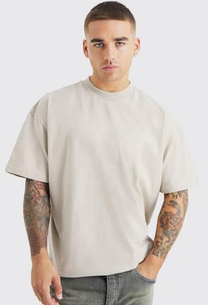 Mens Sand Oversized Extended Neck Heavy T-Shirt